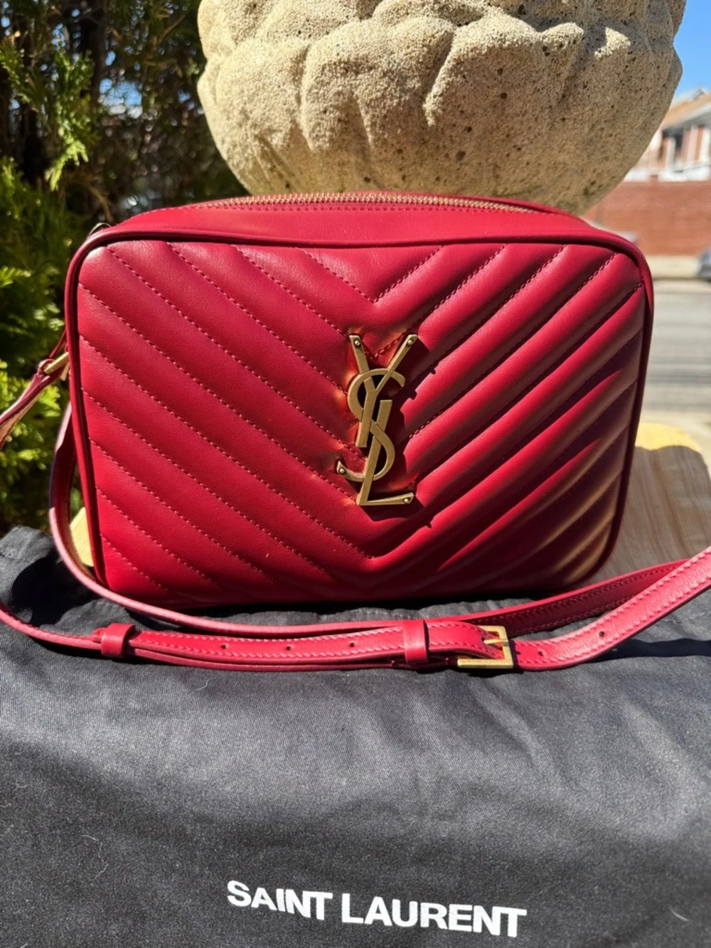 New! Saint Laurent Quilted Red Leather Crossbody Camera Bag with Gold YSL Logo